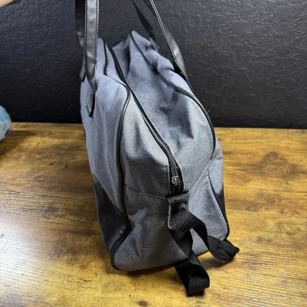 John Varvatos Grey Canvas Black Faux Leather Duffel Bag Travel Weekender Large